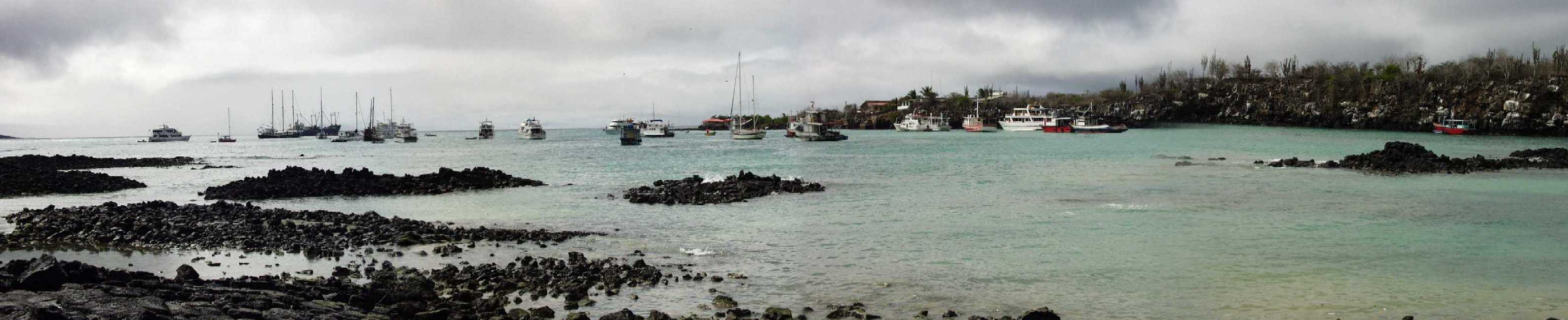 Puerto Ayora, ein Schwenk ber die Bucht vor der Stadt
